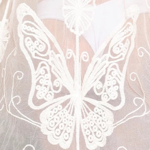 White Butterfly Embroidery Detailed Waist Tie Maxi Beach Kimono Robe - Picture 4 of 4